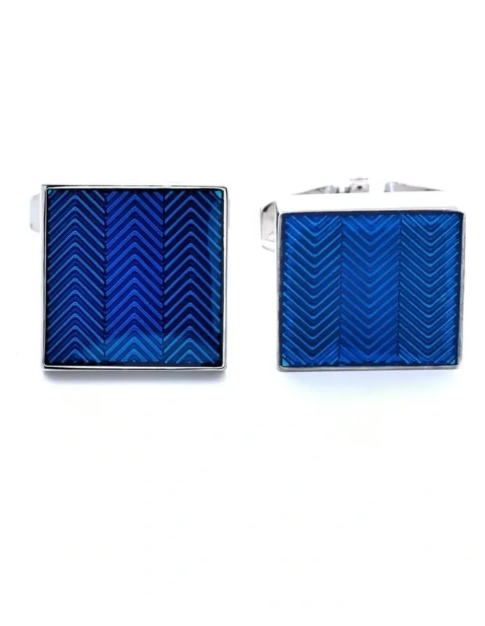 Cudworth Rhodium Plated Enamel Herringbone Pattern Square Cufflinks in Blue