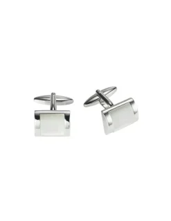 Cudworth Rhodium Plated Rectangle Cufflinks With Curved Face Cats Eye Inlay in White