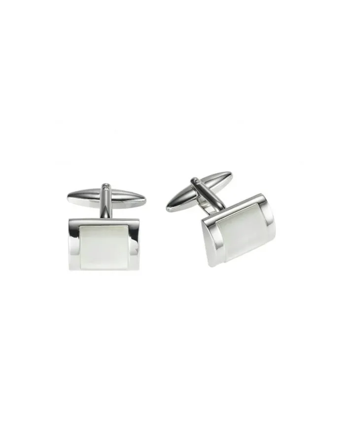 Cudworth Rhodium Plated Rectangle Cufflinks With Curved Face Cats Eye Inlay in White