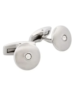 Cudworth Round Brushed Stainless Steel With Cubic Zirconia Cuff Links in Silver