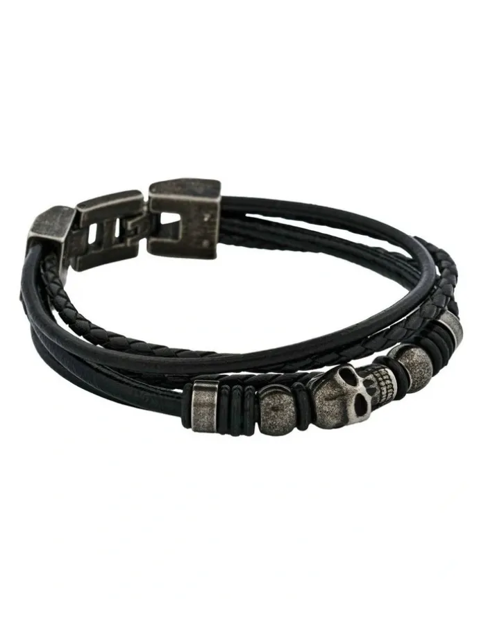 Cudworth Skull Stygian Leather Bracelet in Black