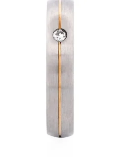 Cudworth Slim Brushed Stainless Steel With Ion Plated Stripe And Cubic Zirconia Ring in Gold