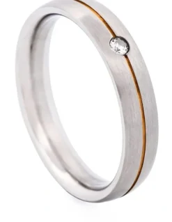 Cudworth Slim Brushed Stainless Steel With Ion Plated Stripe And Cubic Zirconia Ring in Gold