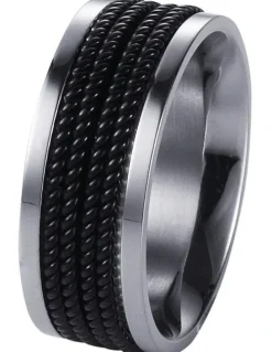 Cudworth Stainless Steel Ring With Ion Plated Corded Bands in Black