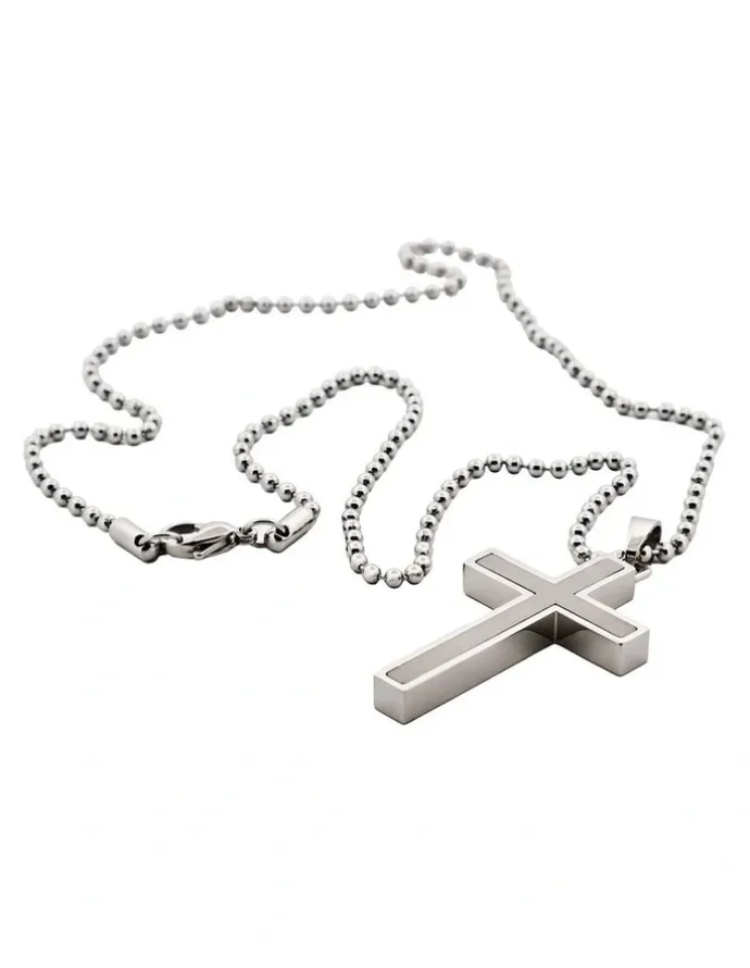 Cudworth Stainless Steel Cross Pendant With Ion Plated Pearl Inlay On Ball Chain in Silver