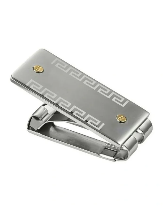 Cudworth Stainless Steel & Greek Key Patterned & Gold Screws Money Clip in Grey