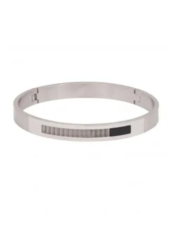Cudworth Stainless Steel Bangle With Onyx And A Raw Corrugated Inlay in Silver