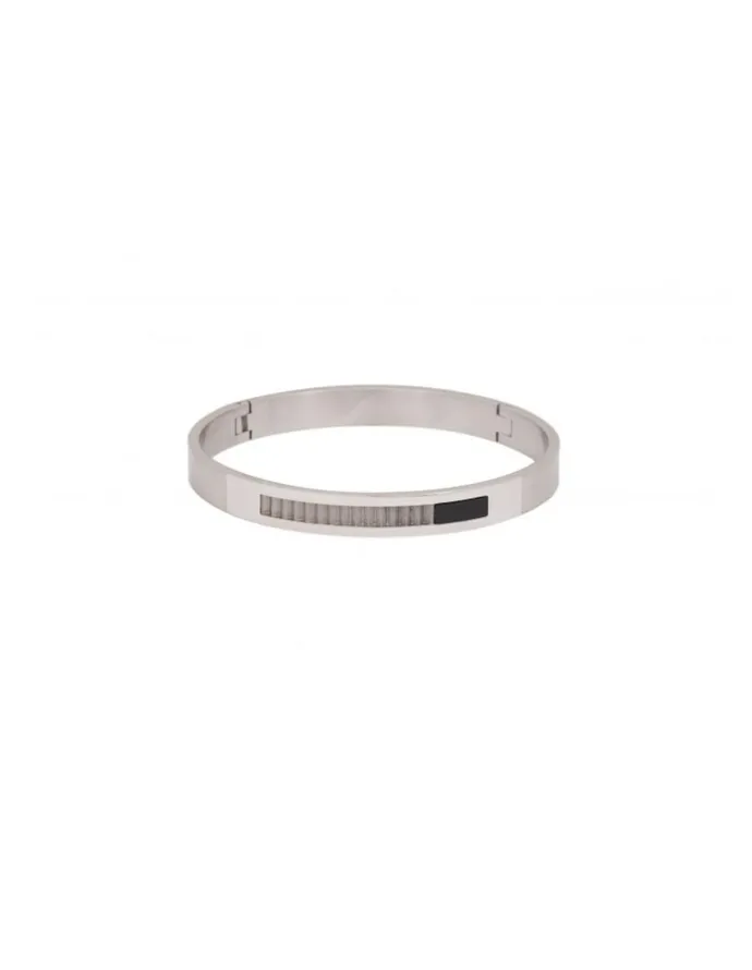 Cudworth Stainless Steel Bangle With Onyx And A Raw Corrugated Inlay in Silver