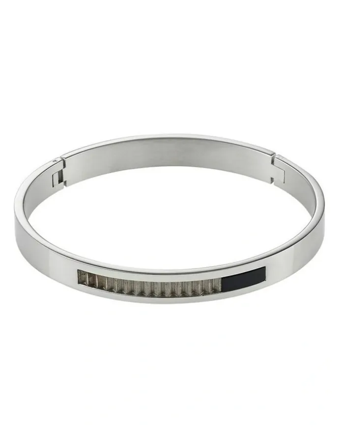 Cudworth Stainless Steel Bangle With Onyx And A Raw Corrugated Inlay in Silver