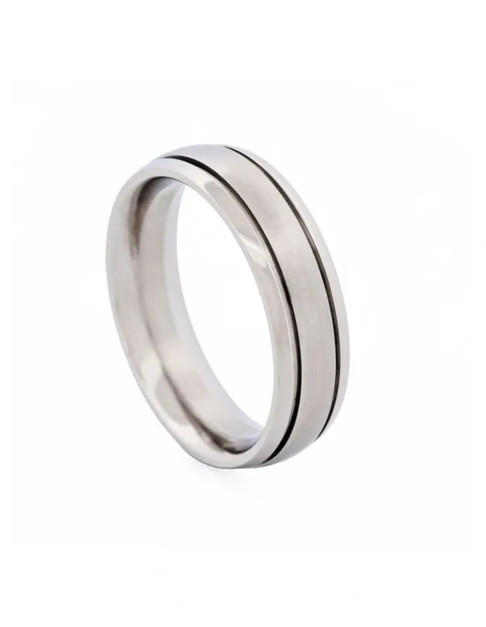 Cudworth Thin Polished Stainless Steel With A Brushed Centre Band Ring in Silver
