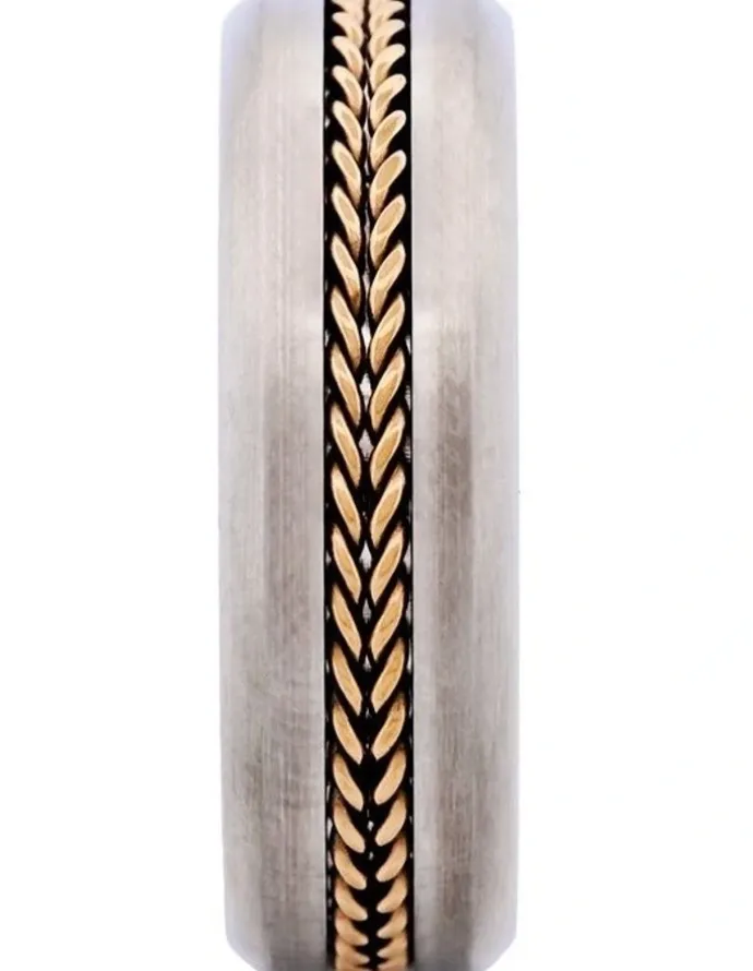 Cudworth Brushed Stainless Steel With Ion Plated Mesh Centre Band Ring in Yellow Gold