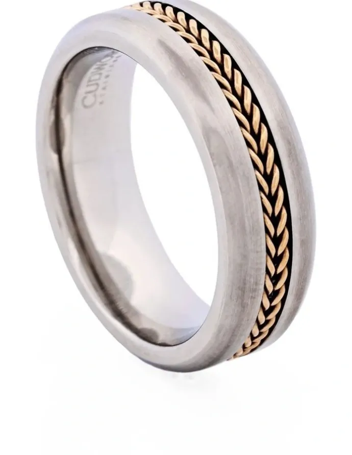 Cudworth Brushed Stainless Steel With Ion Plated Mesh Centre Band Ring in Yellow Gold