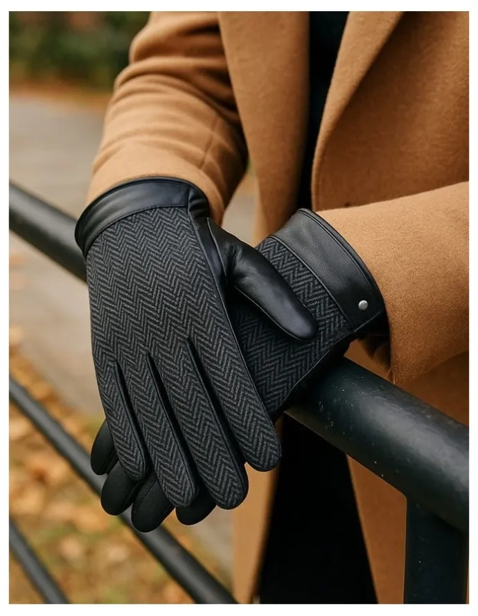 Dents Leather Wool Gloves in Black