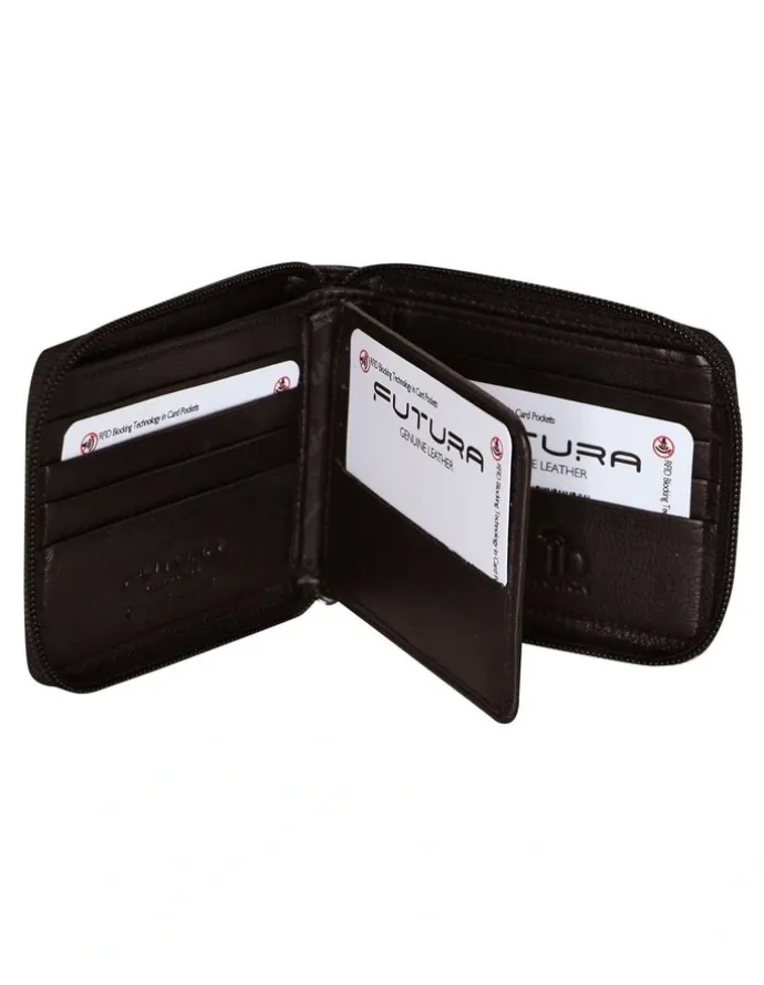 Futura RFID Protected Genuine Leather Wallet Zip Around in Brown