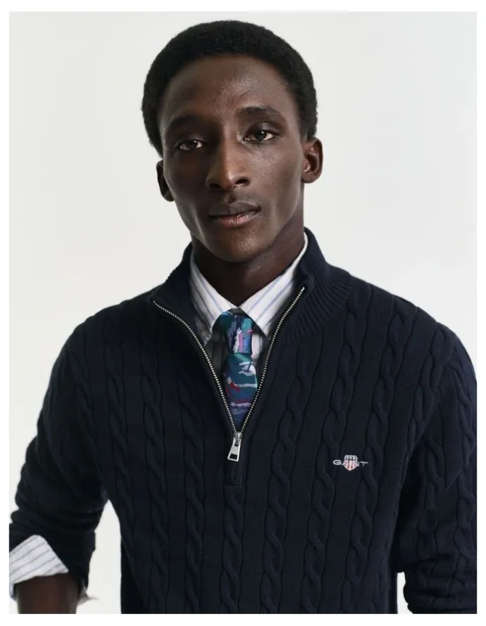 Gant Cotton Cable Half-Zip Knit in Evening Blue