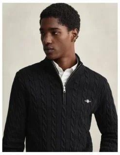 Gant Cotton Cable Half-Zip Knit in Black