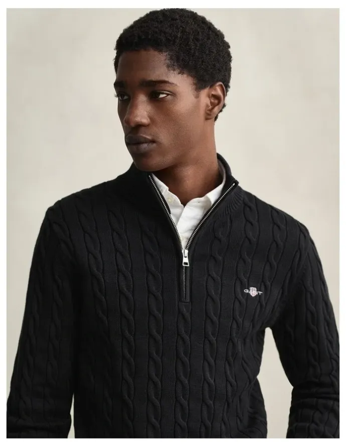 Gant Cotton Cable Half-Zip Knit in Black