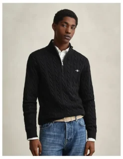 Gant Cotton Cable Half-Zip Knit in Black
