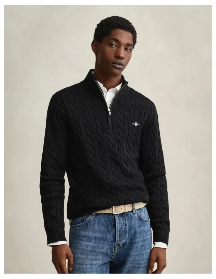 Gant Cotton Cable Half-Zip Knit in Black