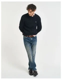 Gant Cotton Cable Knit Crew Neck Sweater in Evening Blue
