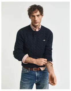 Gant Cotton Cable Knit Crew Neck Sweater in Evening Blue