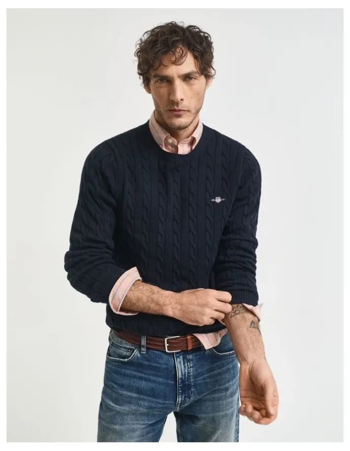 Gant Cotton Cable Knit Crew Neck Sweater in Evening Blue