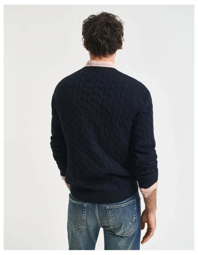 Gant Cotton Cable Knit Crew Neck Sweater in Evening Blue