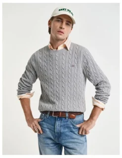 Gant Cotton Cable Knit Crew Neck Sweater in Grey Melange