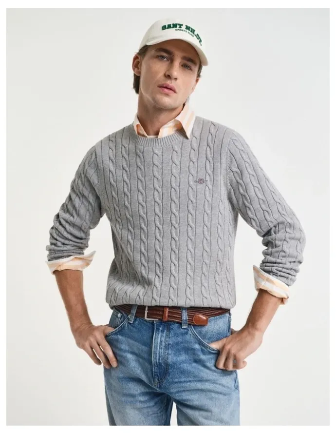 Gant Cotton Cable Knit Crew Neck Sweater in Grey Melange