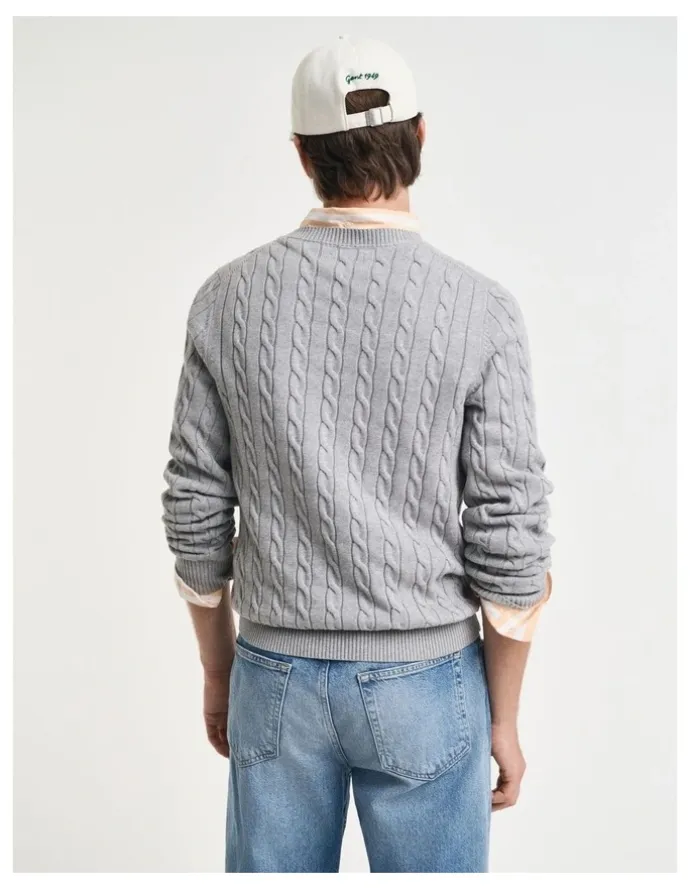 Gant Cotton Cable Knit Crew Neck Sweater in Grey Melange