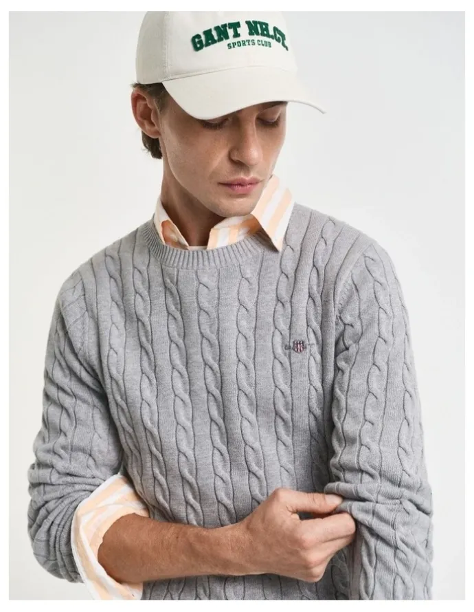 Gant Cotton Cable Knit Crew Neck Sweater in Grey Melange