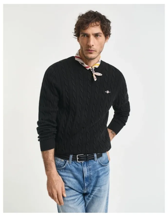 Gant Cotton Cable Knit Crew Neck Sweater in Black