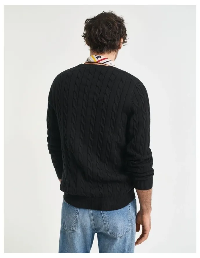 Gant Cotton Cable Knit Crew Neck Sweater in Black