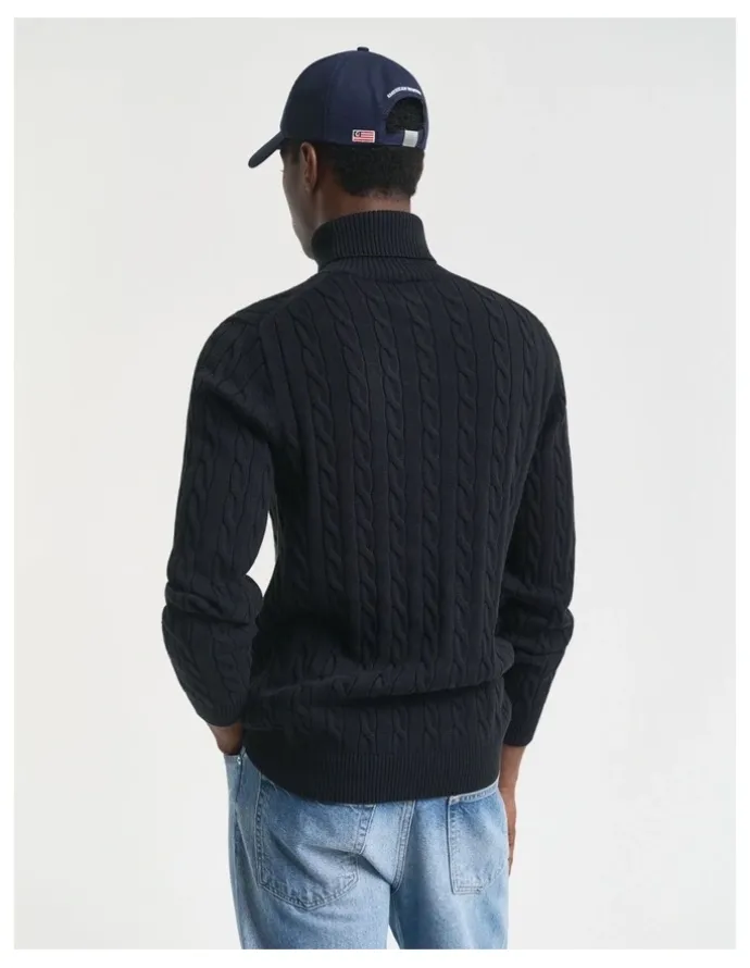 Gant Cotton Cable Knit Turtleneck Sweater in Black