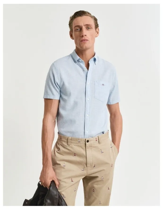 Gant Regular Fit Cotton Linen Short Sleeve Shirt in Fresh Blue