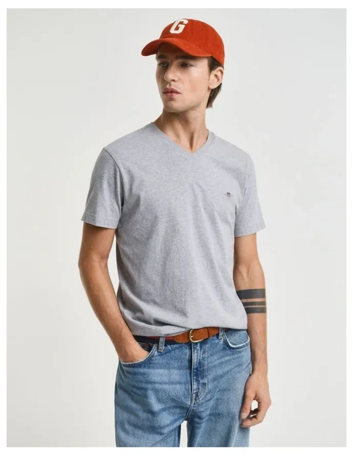 Gant Slim Fit Shield V-Neck T-shirt in Grey Melange