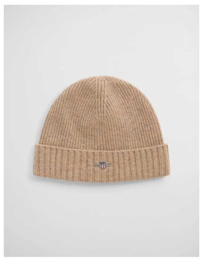 Gant Unisex Shield Wool Beanie in Khaki Melange