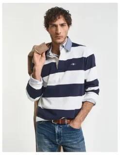Gant Chambray Collar Striped Heavy Rugger T-shirt in Eggshell
