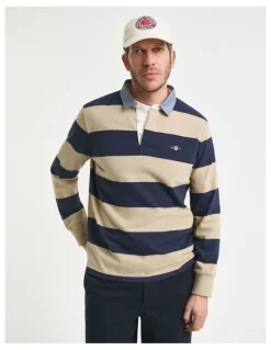 Gant Chambray Collar Striped Heavy Rugger in Woody Beige