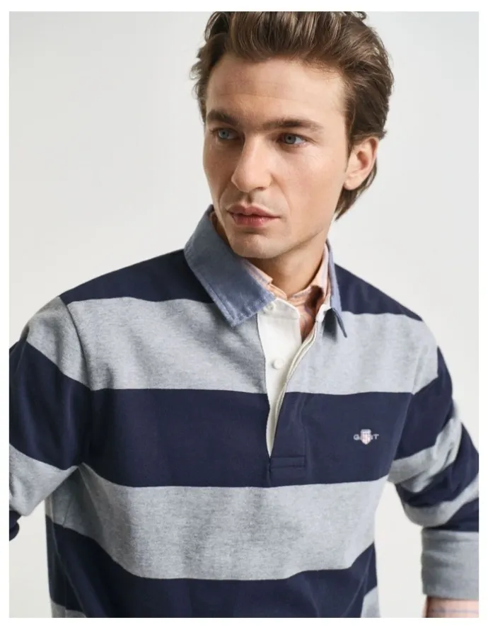 Gant Chambray Collar Striped Heavy Rugger in Grey Melange