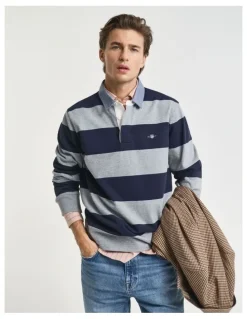 Gant Chambray Collar Striped Heavy Rugger in Grey Melange