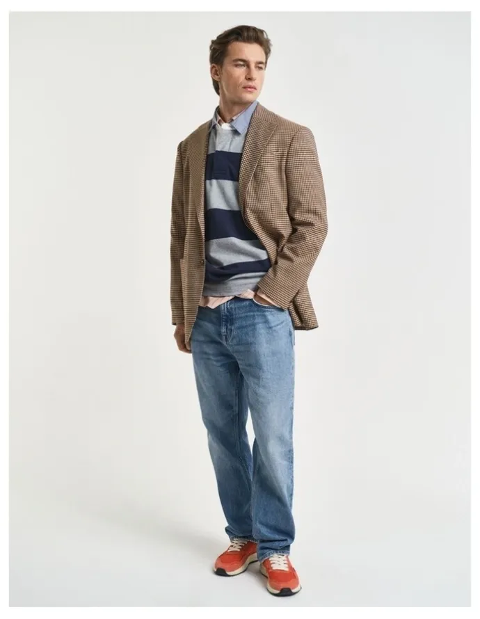 Gant Chambray Collar Striped Heavy Rugger in Grey Melange