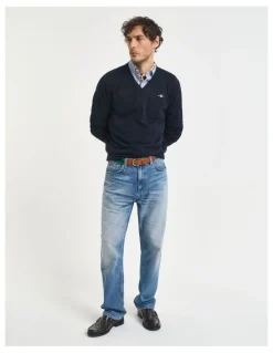 Gant Classic Cotton V-Neck Knitwear in Evening Blue