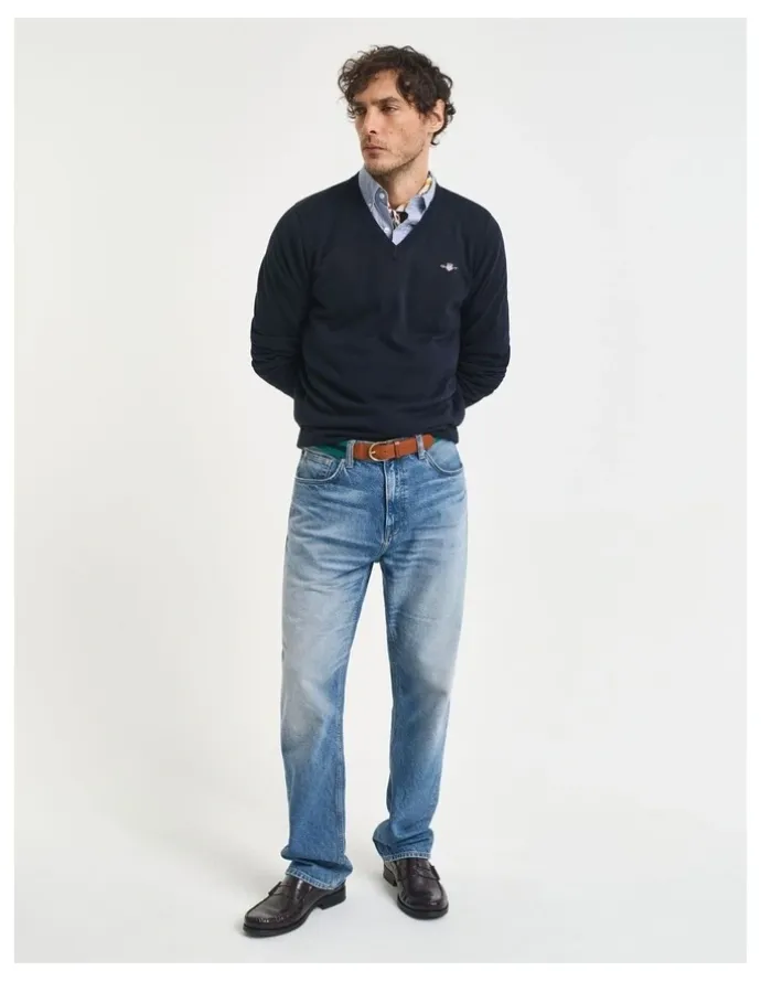 Gant Classic Cotton V-Neck Knitwear in Evening Blue