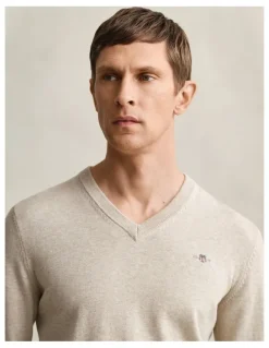 Gant Classic Cotton V-Neck Sweater in Oat Melange