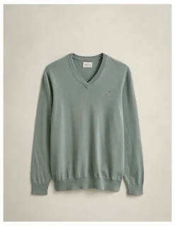 Gant Classic Cotton V-Neck Sweater in Ceramic Grey