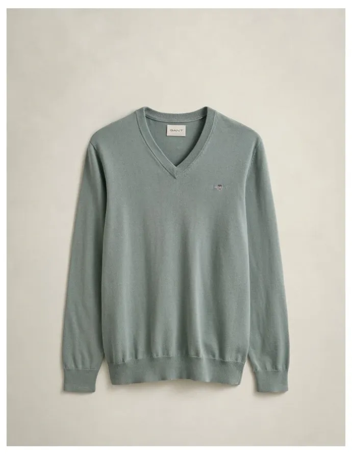 Gant Classic Cotton V-Neck Sweater in Ceramic Grey