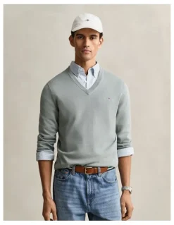 Gant Classic Cotton V-Neck Sweater in Ceramic Grey
