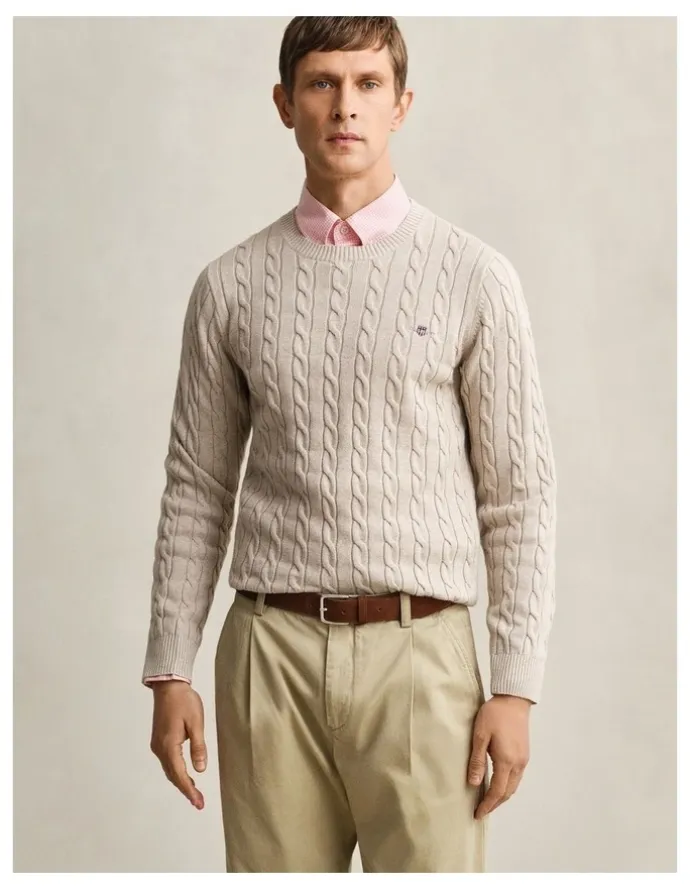 Gant Cotton Cable Crewneck in Oat Melange