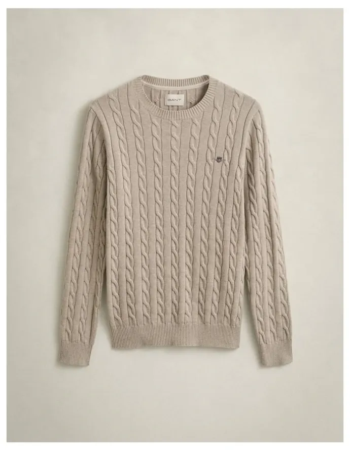 Gant Cotton Cable Crewneck in Oat Melange